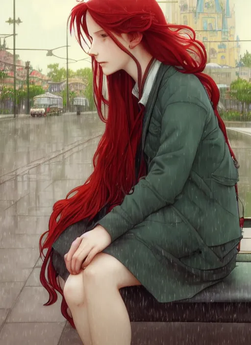 Prompt: pretty young woman with long red hair sitting at a bus stop in the rain, path traced, highly detailed, high quality, digital painting, by studio ghibli and alphonse mucha, leesha hannigan, makoto shinkai, disney