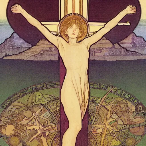 Image similar to a spiritual cross on top of a holy mountain, Mucha, Moebius, Mohrbacher