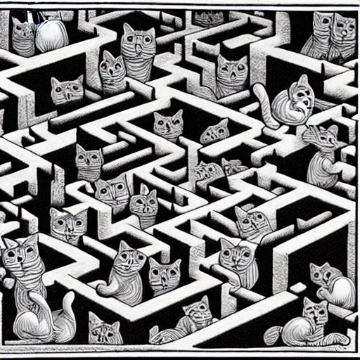 Image similar to cats running in a labyrinth, by m. c. escher