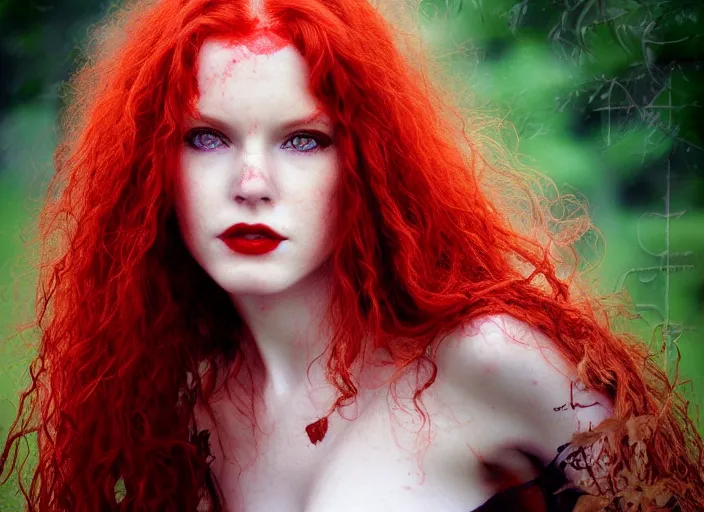 Image similar to award winning 3 5 mm face close up portrait photo of a redhead with blood - red wavy hair in a park by luis royo