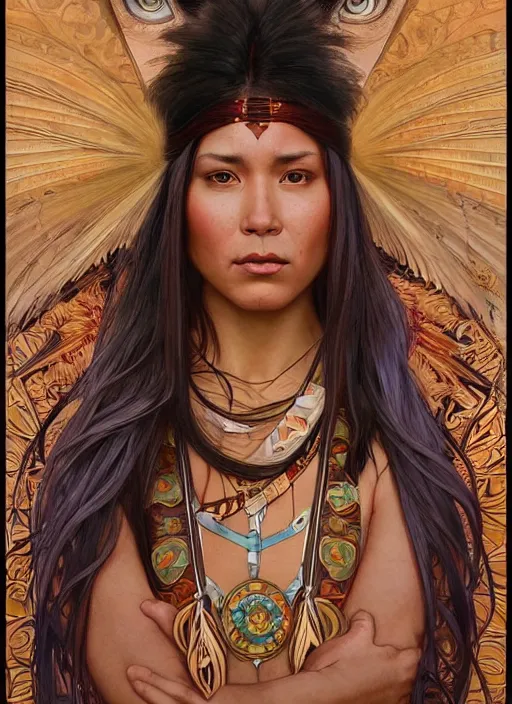 Image similar to Gina Tores as a beautiful native warrior woman, intricate, elegant, highly detailed, centered, digital painting, artstation, concept art, smooth, sharp focus, illustration, art by artgerm and donato giancola and alphonse mucha