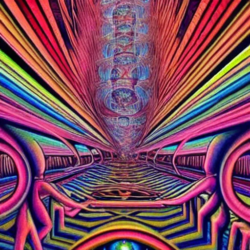 Prompt: A mysterious, psychedelic room by Alex Grey