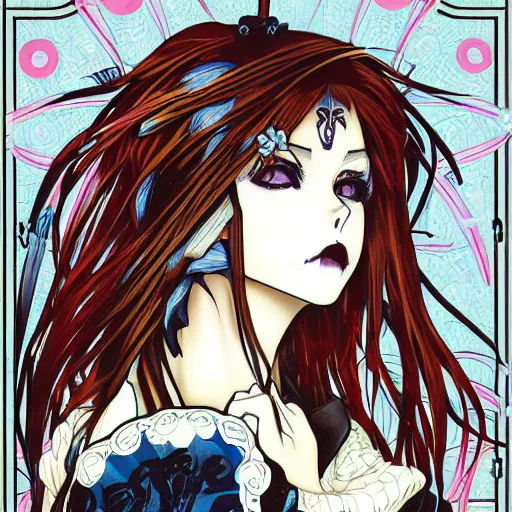 Prompt: anime manga skull portrait girl female skeleton helmet illustration 80s art Betz Etam and Sainer Etam and alphonse mucha pop art nouveau