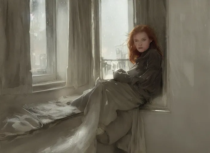 Image similar to sadie sink in hoodie sits on windowsill, knees tucked in | rain falls at night : storyboard, scifi cyberpunk. art by anders zorn, wonderful masterpiece by greg rutkowski, beautiful cinematic light, american romanticism by greg manchess, jessica rossier