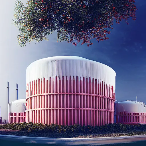 Prompt: “beautiful extreme high-tech factory building with trees sprouting from its high white and red chimneys with pipes shaped like a poset diagram, rendered in octane 3d high resolution, digital art, ultra realistic, ultra detailed, masterpiece”