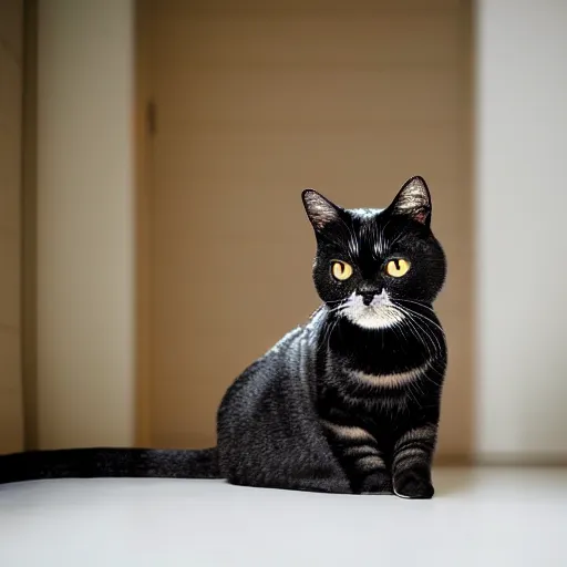 Image similar to national geographic photograph of a black american shorthair cat sitting in a white room