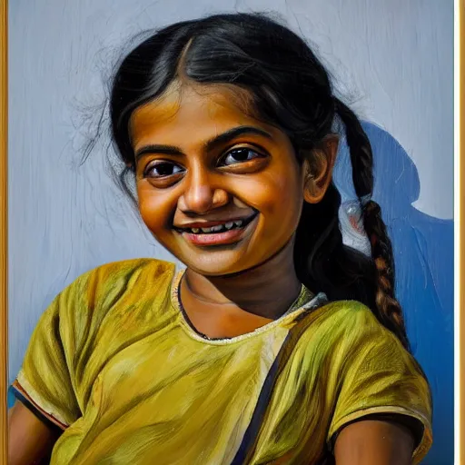 Image similar to high quality high detail painting by lucian freud, hd, smiling cute indian girl portrait, photorealistic lighting