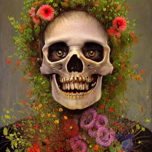 Image similar to 'Life from death' A beautiful detailed aesthetic horror portrait painting depicting 'A skeleton with vines and flowers growing all over it, birds and bees flying all around it' by Odilon Redon and giuseppe arcimboldo, Trending on cgsociety artstation, 8k, masterpiece, cinematic lighting.