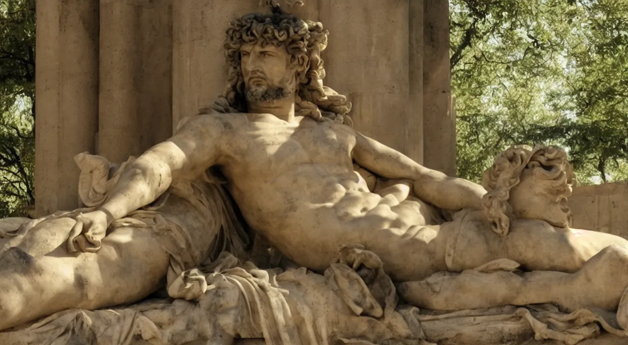 Image similar to a still from HBO's Rome of Hadrian reclining on a chaise while golden dappled sunlight streaks across his soft long curly blond hair