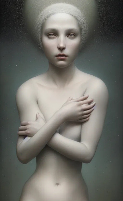 Image similar to dreamy, monochrome, subsurface scattering, white, young beautiful goddess in cosmos, octane render, dino valls, mark ryden, joe fenton, michal karcz, highly detailed, rim light, art, cinematic lighting, very coherent, hyper realism, 8 k