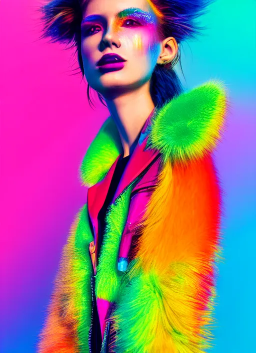 Image similar to stylish coat for a rave, bright colors, many details, prints, photo for a magazine, photo for a store, fashion photography, Vogue, 135 mm, cinematic, hyper realism, high detail, octane render, 8k, chrome accents, very coherent symmetrical artwork, perfect face model, full length photo, Upper and lower body, even skin tone