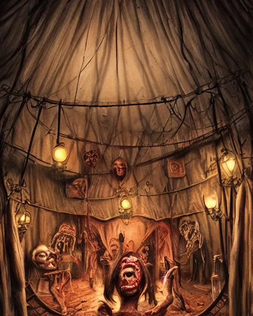 Prompt: the little circus of horrors, circus tent outside, creepy, hyper realistic, ambient lighting, horror art, intricate, hyper detailed, smooth