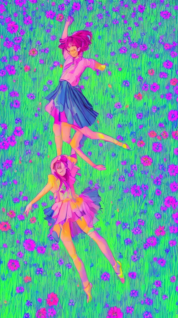 Prompt: portrait of a girl dancing in a field full of fluo flowers, detailed, elegant, highly detailed, artstation, concept art, illustration, sharp focus, anime, art by GA IS,