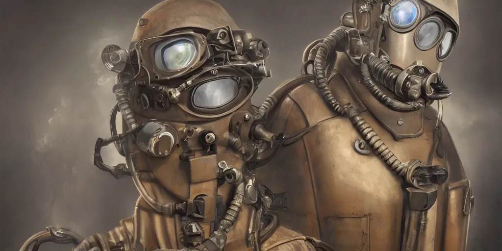 Image similar to highly detailed portrait painting of welder and angelina joile in atmospheric diving suit, mono eyed, by eddie mendoza and tyler edlin, windows, 8 k resolution