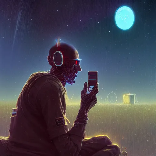 Prompt: a cyberpunk mursi elder sitting in a field watching a meteor shower with his droid in the foreground by greg rutkowski and android jones in a cyberpunk style, oil on canvas, 8k, afrofuturism