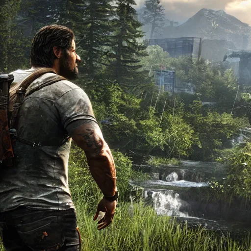Image similar to videogame screenshot of dwayne johnson in the last of us