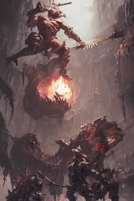 Image similar to muscular blacksmith men working inside an evil demonic forge making weapons. Hyperdetailed masterpiece concept art by Greg Rutkowski and Ross Tran. high quality DnD illustration, trending on ArtStation