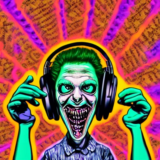 Prompt: artgerm, psychedelic laughing cronenberg friendly looking horror creature, rocking out, headphones dj rave, digital artwork, r. crumb, svg vector