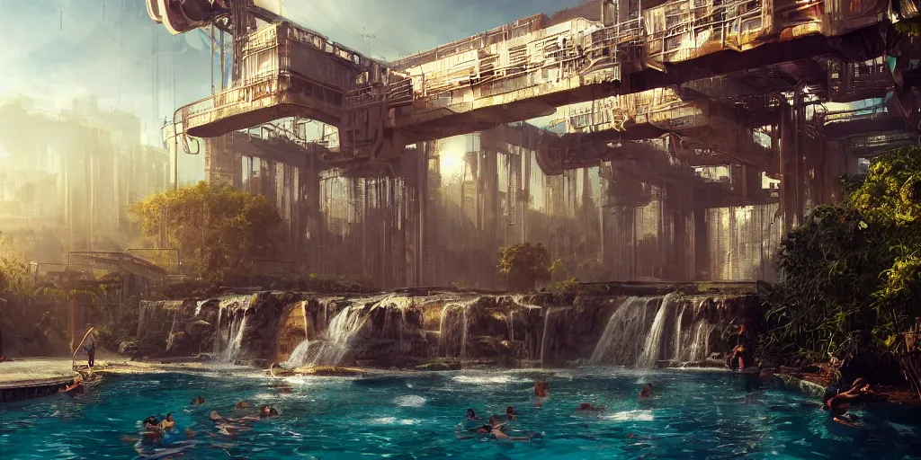 Image similar to beautiful pool waterfalls surrounded by alien robots, steel archways, industrial buildings, rusty metal towers, sun setting, ross tran, fantasy, james jean, peter morbacher, angelarium, alchemy, luxury, heavenly light, soft illumination, trending on artstation, cinematic lighting, digital painting, octane render, artgerm