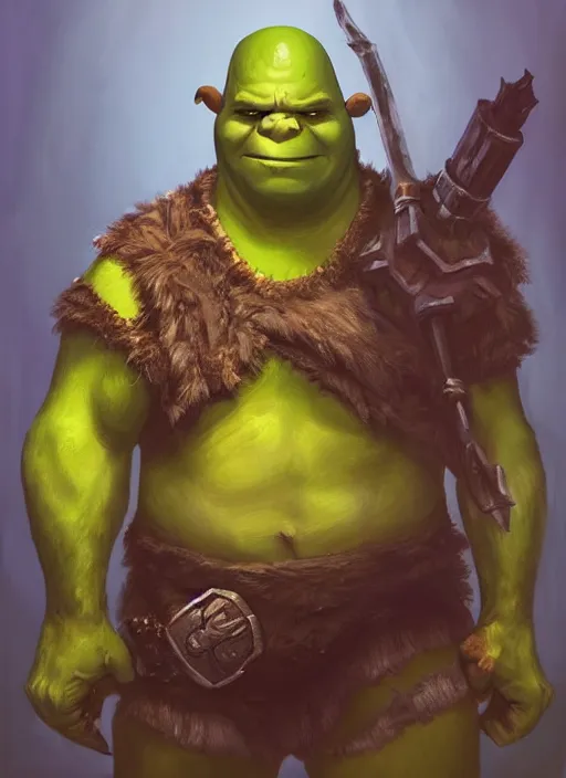 Prompt: dramatic oil painting of full body shrek as thrall from world of warcraft, artstation, shrek, epic, dramatic, shrek ogre,