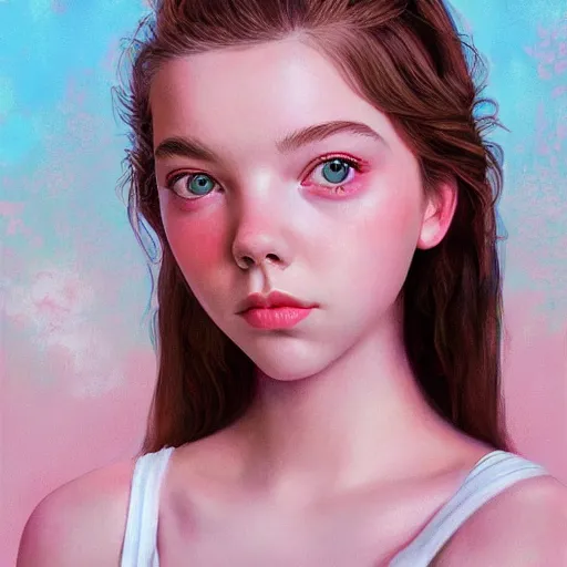 Image similar to a beautiful scenic painting of a beautiful young girl that looks like anya taylor - joy by artgerm and wlop and wes anderson and spike jonze