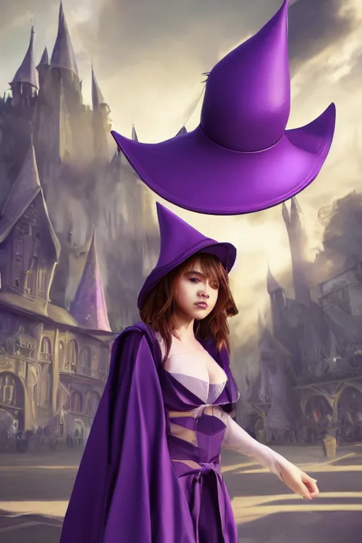 Image similar to Young cute small beautiful girl in form fitting slim purple witch robes and pointy hat at a crowded magical university, full body shot unreal engine hyperreallistic render 8k character masterpiece digital art, trending on Artstation, CGSociety