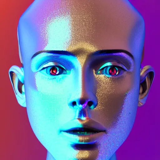 Image similar to 3d render of holographic human robotic head made of glossy iridescent, surrealistic 3d illustration of a human face non-binary, non binary model, 3d model human, cryengine, made of holographic texture, holographic material, holographic rainbow, concept of cyborg and artificial intelligence