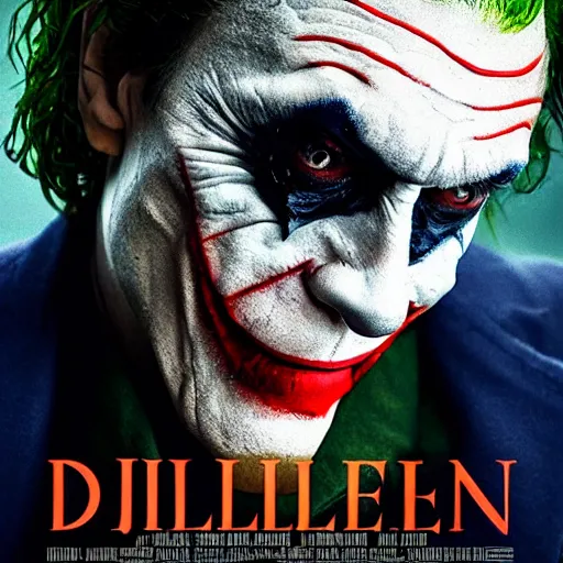 Image similar to willem dafoe as the joker, movie poster, superrealism, quality, post - production, image depth, focus, fine details, skin pores, makeup, 8 k