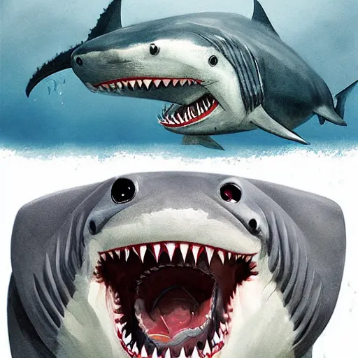 Image similar to illustration, happy shark with beautiful smile, greg rutkowski