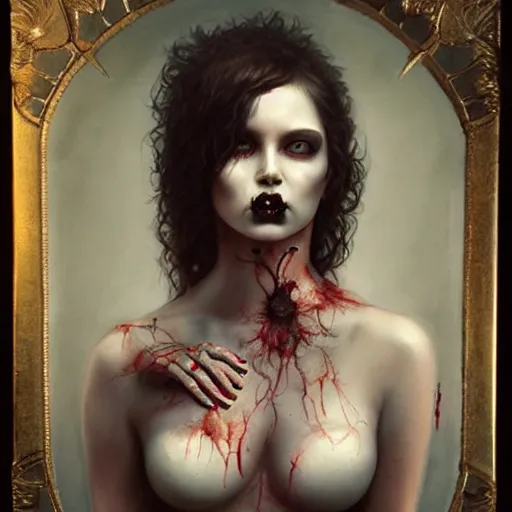 Prompt: by Tom Bagshaw, ultra realist soft painting of a carnival curiosities, beautiful single female zombie in a corset, symmetry accurate features, very intricate details, focus, curvy, award winning, ultra dense fog