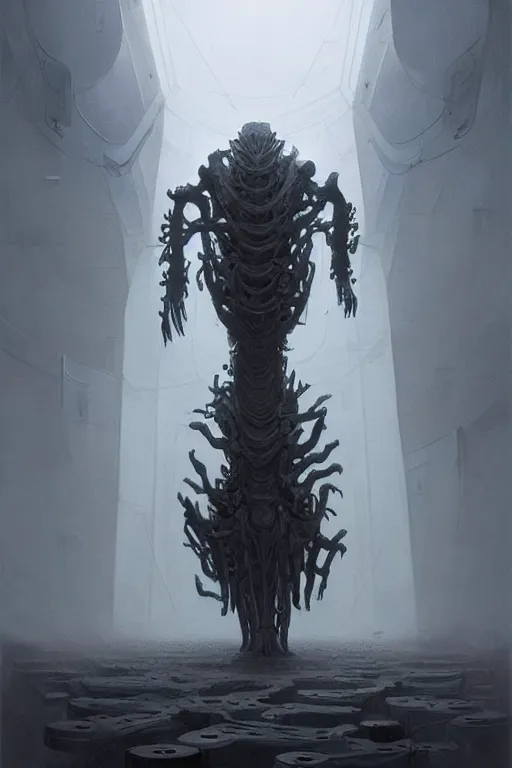 Image similar to professional concept art of a symmetrical! ominous floating!!! mechanical steel terrifying!! giant monster thing in a dark room by artgerm and greg rutkowski. an intricate, space, elegant, highly detailed digital painting, concept art, smooth, sharp centred focus, illustration, cubism, in the style of cam sykes, wayne barlowe, igor kieryluk.