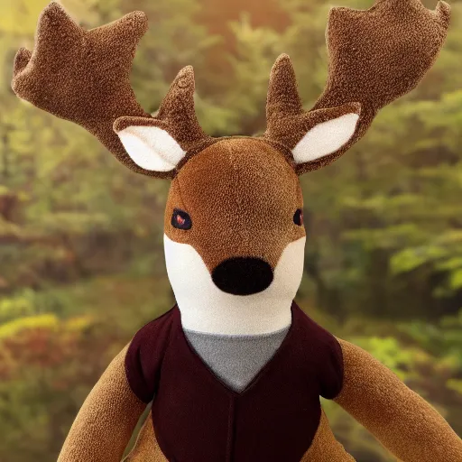 Image similar to a portrait of a realistic deer plush doll with forest background