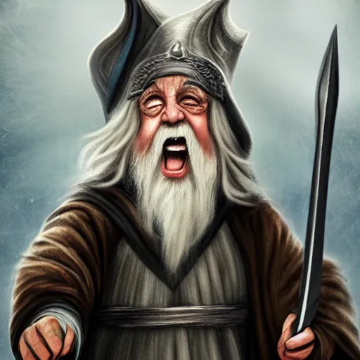 Prompt: danny devito as gandalf, deviantart, smile, ultra realistic illustration, final fantasy, high quality, full color, full body