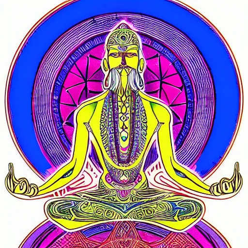 Image similar to colored pencil hatching bold lines sketch of a meditating yogi with ornate sacred geometry linework in the background, album cover hd