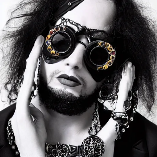 Prompt: a eccentric goth guy wearing goggles and eclectic jewelry, small details, aesthetic!!!,