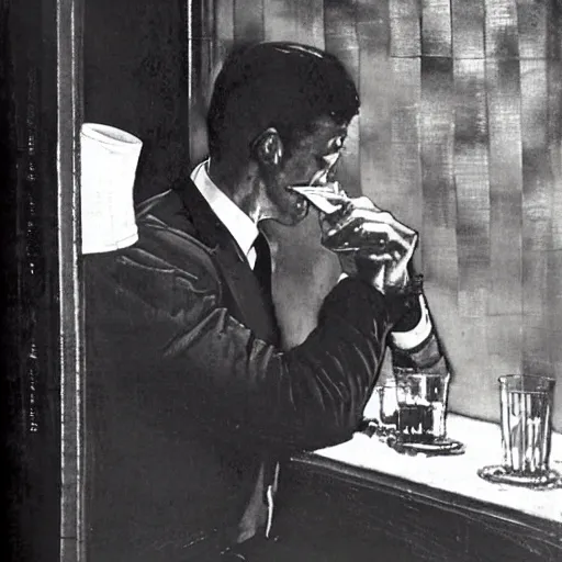 Image similar to a portrait of a man in the 1 9 6 0 s drinking alone in a bar late at night, black and white monochrome, by norman rockwell