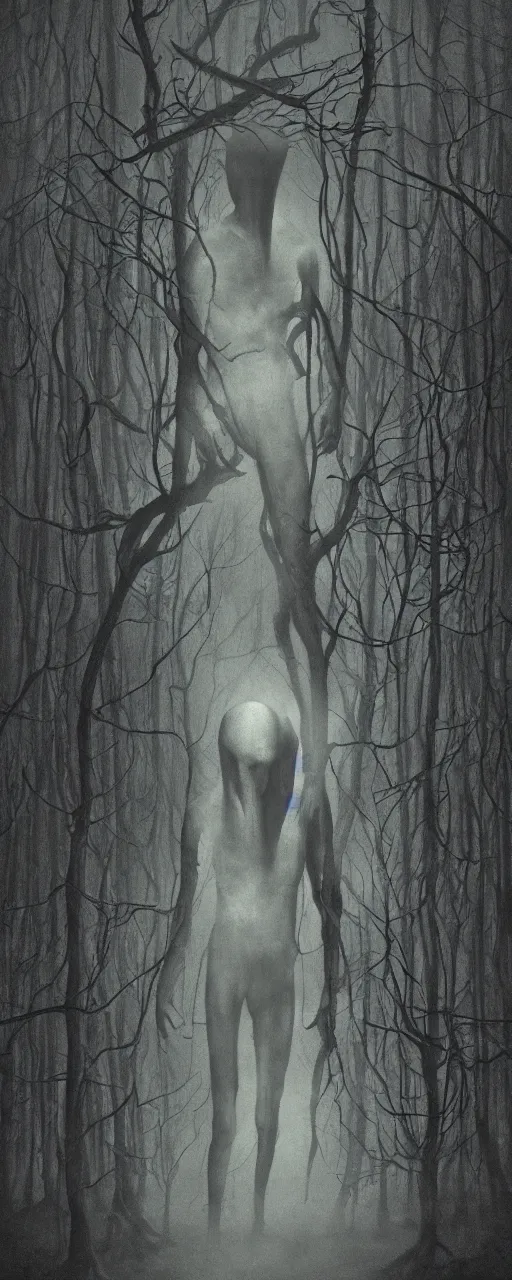 Image similar to a creepy portrait of slenderman. forest. night. character design by miles johnston, stephen gammell, gustave dore and zdzisław beksinski. volumetric light, detailed, rendered in octane