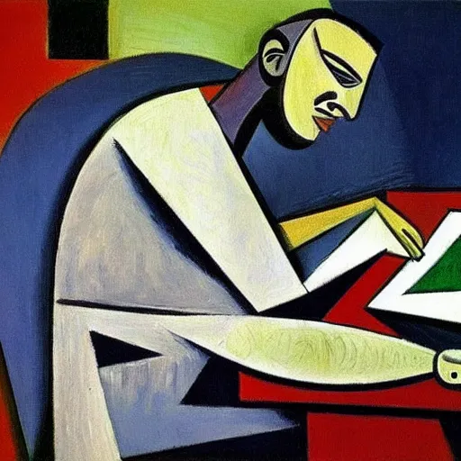 Prompt: a painting by picasso of an indian programmer working on his laptop