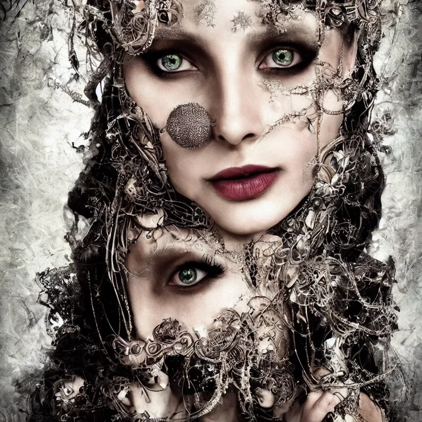 Image similar to mindblowing portrait of the enchantress queen, a stunning timeless beauty, breathtaking eyes, perfect skin, feathered eyelashes, royal gothic dress with a lot of leather, heavy silent hill aesthetic, incredibly intricate, digital art, blender, houdini & photoshop, very elegant & complex, hyper-maximalist, overdetailed, epic cinematic quality, biblical art lighting, photorealistic, lifelike, OLED, DSLR HDR 8k, face is the focus, facial feature symmetry, hyper composed, created by Nixeu & z--ed from deviantart