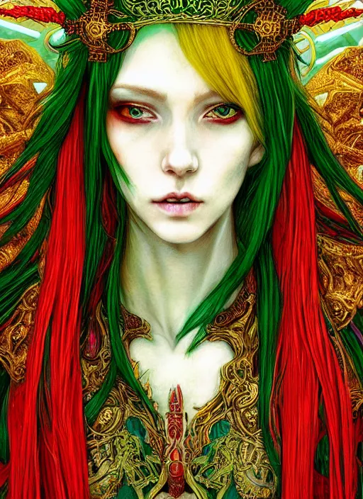 Image similar to a painting of a beautiful cyberpunk elven queen with long red hair, wearing green, red and gold ornate dress, golden intricate crown. detailed symmetrical close up portrait, intricate complexity, concept art, by takato yamamoto, wlop, krenz cushart. cinematic dramatic atmosphere, sharp focus