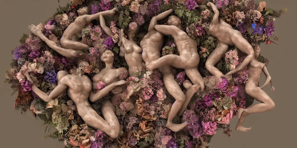 Prompt: a sculpture of human bodies intertwined, a lovely cornucopia of flowers and human body parts, body parts, highly detailed, octane render, cinematic ， - h 7 6 8