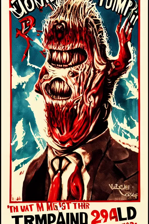 Prompt: Donald Trump as a disgusting monster on a 1970s horror movie poster , vintage 70s print, detailed, scary, horror, screen print, trending on artstation