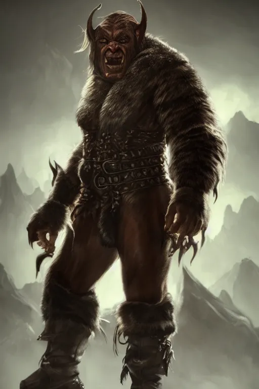 Image similar to A full body shot of a handsome orc looking into the camera wearing a leather fur jacket and boots, full body shot, detailed face, orc, orcish, portrait, artstation, realistic, highly detailed, symmetrical, D&D, Dungeons & Dragons, hyper realistic, dynamic pose, high detail, octane render, unreal engine, 8k, fantasy art, highly detailed, dramatic lighting, concept art