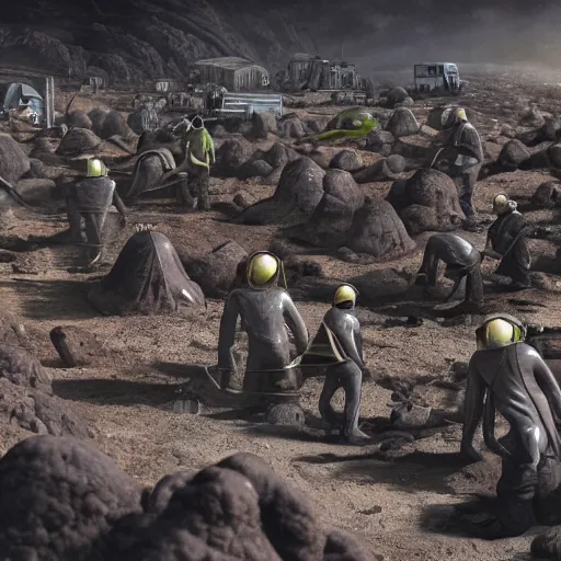 Image similar to Mining camp full of alien slaves doing hard labour on a rocky dark planet, photorealistic