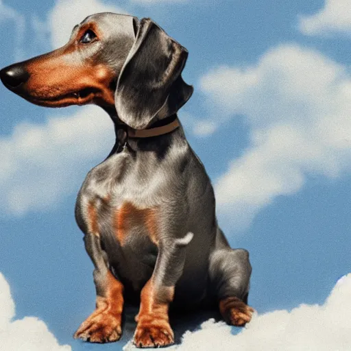 Image similar to an elderly, light gray wire-haired dachshund floating in heaven, blue sky, surrounded by beautiful white clouds, with a halo over his head