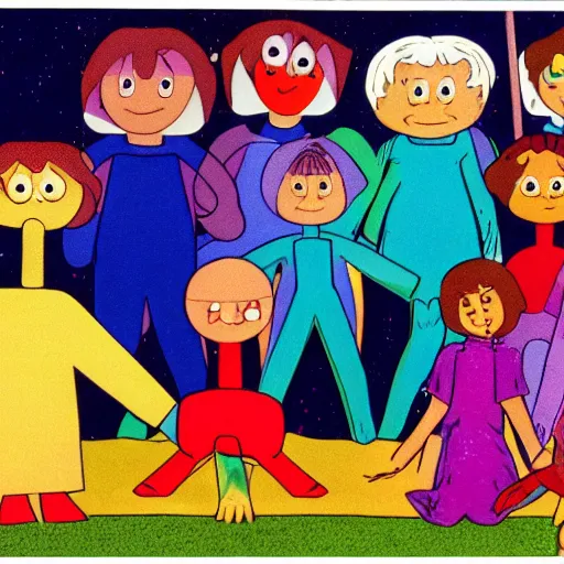 Image similar to still from 1983 children's tv show about humans in a colorful cult