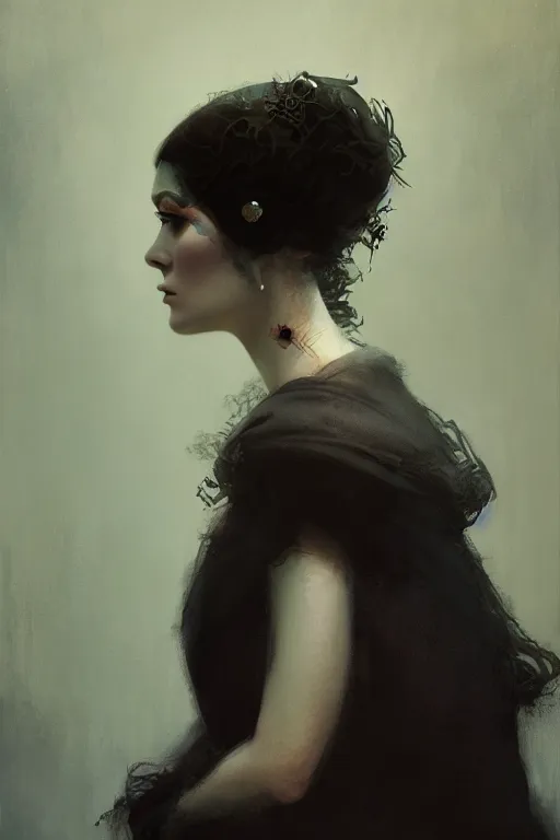 Image similar to of beautiful goth female, beauty portrait by greg rutkowski, hilma af klint, moebius, victo ngai, sharp focus, global illumination, highly detailed, masterpiece, award winning, post processing