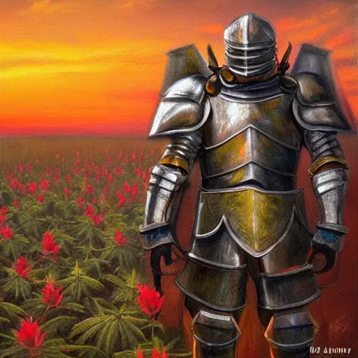 Prompt: an extremly detailed oil painting of a full armored knight, blessing a field of cannabis plants at sunset, trending on artstation, colorful