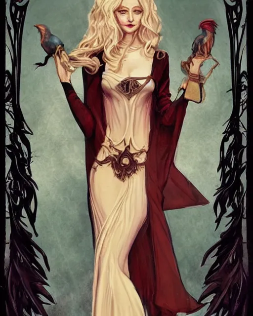 Prompt: tarot, art nouveau border, beautiful wicked female occultist, sweeping ombre blonde hair, red eyes, black velvet dress, dark colors, magic Amulet, raven, fantasy painting, trending in Artstation, GSociety, by Charlie Bowater, Brom, Bastien Lecouffe-Deharme