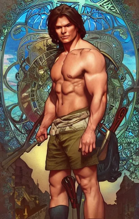 Image similar to pretty muscular sam winchester as a character in romance book art design, character concept, sharp focus!, ultra detailed, art by artgerm alphonse mucha, wlop